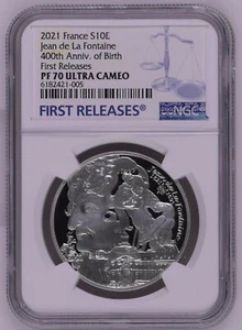 NGC PF70 FR France 2021 Jean de La Fontaine 400th Anniv Silver Coin 10 Euro COA - Picture 1 of 2