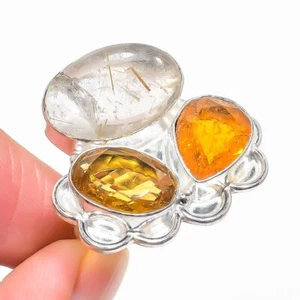 Anillo de plata de ley 925 rutilo dorado natural, piedras preciosas de citrino talla 9 Z569 - Imagen 1 de 5