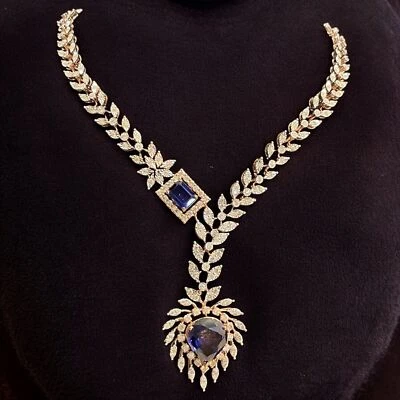 Gorgeous 25.10 TCW Round Brilliant Diamonds Blue Sapphire Necklace 14K Rose Gold - Image 1 of 4