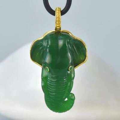 Gold Vermeil Sterling Smaragd Grün Chalzedon Asiatisch Elefant Anhänger 10.27 G - Bild 1 von 4