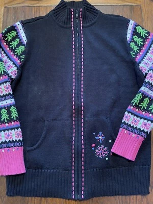 Quacker Factory sweater Womens L long sleeve zip up Black pink Nordic Snowflakes - Image 1 of 4