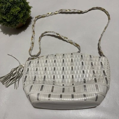 Sharif Vintage Leather Woven Shoulder Crossbody Bag Purse Silver White Beach - Image 1 of 4