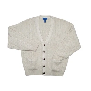 Vintage Towncraft Mens L Cable Knit Cardigan Sweater Ivory Grandpa Wood Buttons - Picture 1 of 13