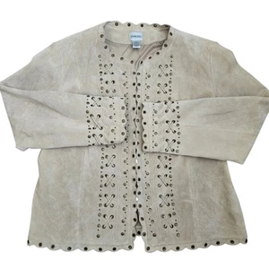 Chicos Suede Leather Jacket Size 2 Beige/Tan Eyelet Braided Thread Studs Western - Picture 1 of 12