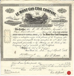 PENNSYLVANIA 1866 Le Mont Gas Coal Company Stock Certificate #8 E R Biddle - Picture 1 of 2