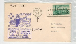1949 AIRMAIL FIRST FLIGHT TWA AIRLAINES CHICAGO TO SWITZERLAND F27-73F Purple - Picture 1 of 2