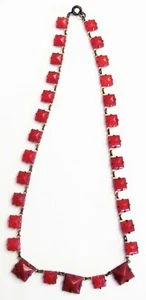 Antique VTG Art Deco Brass Open Back Set Clear Cut Early Plastic Red Necklace - Picture 1 of 5