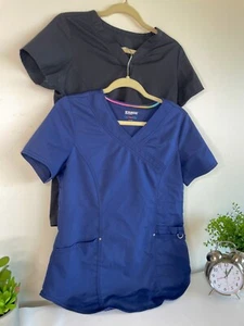 Women's Tops Shirts Blue Black Medical Scrub Tops V Neck Size XS LOT OF 2 - Picture 1 of 11