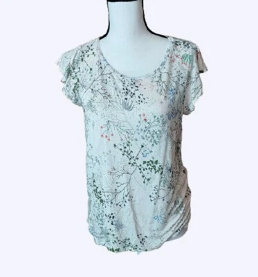H & M Womens Tee Shirt Size L White with Floral Design Flutter Cap Sleeve - Image 1 of 4