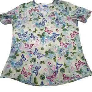 SB Scrubs Womens Top Small Butterfly Patterned Shirt Short Sleeve V-Neck Scrub - Picture 1 of 6