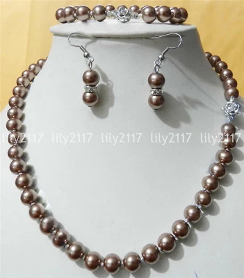 Round Silver Champagne South Sea Shell Pearl Necklace Bracelets Earrings Set - Image 1 of 4