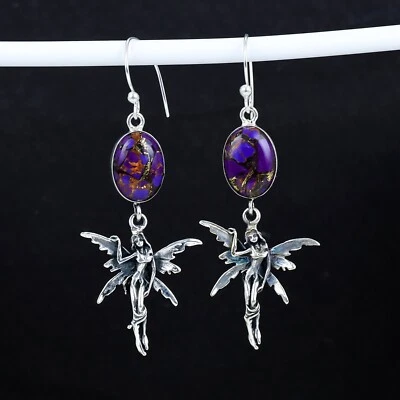 Carino Fairy Orecchini Viola Rame Turchese Gemma 925 Argento Gioielli per Regalo - Immagine 1 di 4