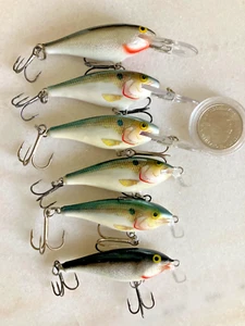 VINTAGE RAPALA KÖDER SET 6 CRANKBAITS SHAD RAP DIVERS BALSA GEMISCHT SILBERFOLIE VTG - Bild 1 von 10
