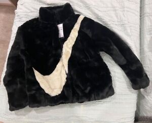 New Nike Faux Fur Jacket Women's Black White DM1759-010 $175 XS NWT