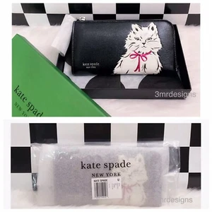 Portafoglio Continentale Kate Spade WHISKERS Nero Pelle Saffiano L Zip-Around Nuovo con etichette - Foto 1 di 11