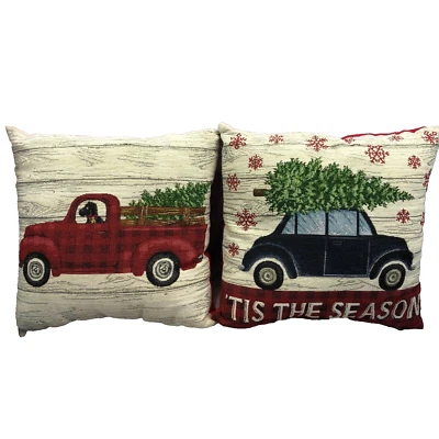 Set Of 2 17x17 Vintage Christmas Throw Pillows Tis The Season Red Truck Tree - Image 1 of 4
