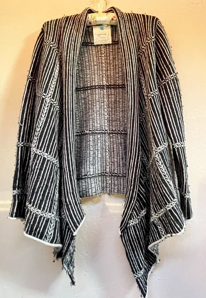 Sparrow Womens Lambswool Striped Asymmetric Knit Cardigan Size Large Black Cozy - Image 1 of 4