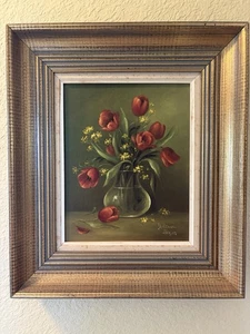 Vintage Ölgemälde rote Tulpen signiert Johanna Hayes 18 x 15,5 Zoll - Bild 1 von 5