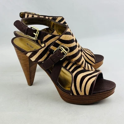 Nine West Adalaina Sandal Brown Pony Hair Zebra Print Open Toe Cone Heel Buckle - Image 1 of 4
