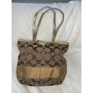 Coach Signature Stripe Tote Bag Brown Gold Monogram Medium Women's - Picture 1 of 8