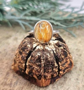 Nature Gold Rutilated Quartz 925 Stamped Adjustable Ring - Picture 1 of 10