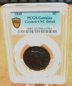 1848 Large Cent Genuine Cleaned-UNC Detail-Gold Shield (075WEJ) - Picture 1 of 13