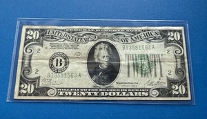 1928 B Twenty Dollar Federal Reserve Note $20 REDEEMABLE IN GOLD Circ. Fine+ NY - Picture 1 of 2