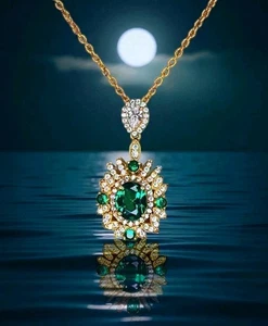 Colgante con halo de esmeralda sintética de corte ovalado de 3,8 quilates con cadena de oro de 14 quilates de más de 18 pulgadas - Imagen 1 de 7