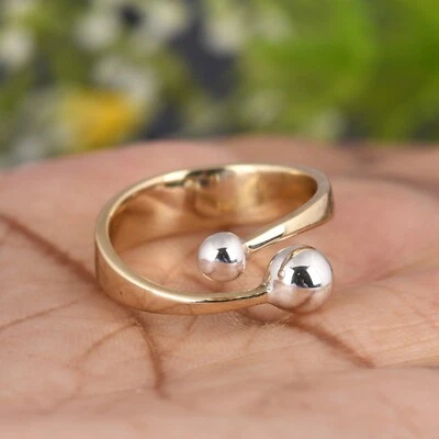 Изящный открытый два мяча кольцо серебро и золото покрытием женщин штабелируемый регулируемое кольцо - Изображение 1 из 4