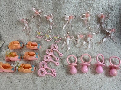 Vtg Baby Shower Accessories Baby Girl Pink Pacifier Rattles Cake Topper 28 Piece - Image 1 of 4