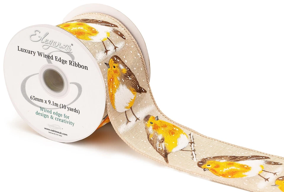 1m, 3m or 9m ~ 63mm Wired Edge Robin Red Breast Natural Christmas Ribbon - Image 1 of 1