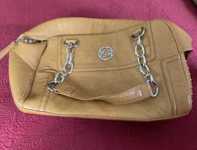 BEBE Yellow/mustard Faux Ostrich Purse Chain Handle Bag Tote, Gold Studs Zipper - Изображение 1 из 4