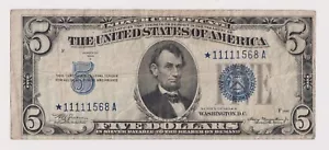 1934A $5 United States Repeater Silver Certificate STAR Note - *11111568 A - Picture 1 of 2