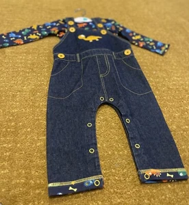 New Baby Boys 9-12 Months Denim Dungarees Set Colorful Dinosaurs 1st Birthday - Picture 1 of 4