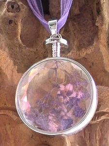 Purple Flower Necklace, real flower in glass pendant purple cloth necklace - Picture 1 of 12