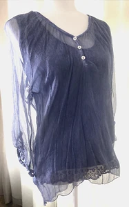 Dolce Regazza Crinkle Silk Sheer Blouse Double Layer Lace Trim Blue Large Italy - Picture 1 of 14