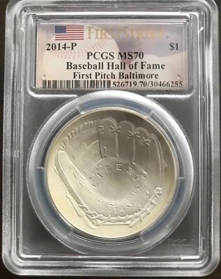 2014 FIRST PITCH BALTIMORE MS70 $1 PCGS Baseball Hall of Fame Commemorative!! - Image 1 of 2