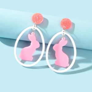 Cute Pink Rabbit Cartoon Animal Acrylic Aesthetic Lovely Easter Bunny Earrings - Picture 1 of 4