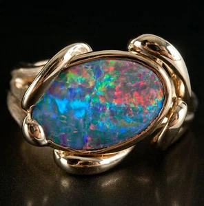 Oval Cabochon Lightning Ridge Black Opal Solitaire Ring, 14k Yellow Gold, 3.85ct - Picture 1 of 10
