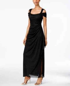 Alex Evenings Cold-Shoulder Draped Metallic Gown, BLACK, Size-12 - Picture 1 of 4