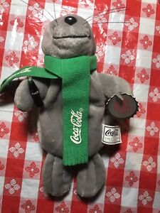 1998 Coke COCA COLA Gray Seal 8" Bean Bag Coke Plush Toy Green Scarf w/ Tag