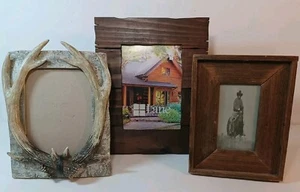 Lotto rustico 3 cornici portafoto Cabincore legno di fienile resina corna corna corna loggia di caccia - Foto 1 di 9