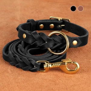 Genuine Leather Dog Collar and Leash Set Braided Metal Buckle Heavy Duty M L - Picture 1 of 17