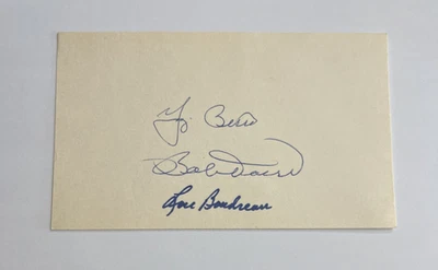 YOGI BERRA, LOU BOUDREAU, BOBBY DOERR  3 AUTOGRAPH SIGNED UNLINED 3X5 INDEX CARD - Image 1 of 3