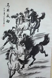 VTG. Chinese  Wall hanging  Scroll PAINTING :8 HORSE.  Signed . 蒋毅 - Picture 1 of 15