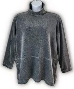 J Jill Stretch Velour Tunic L Gray Side Button Accents Turtle Neck Long Sleeve - Picture 1 of 11