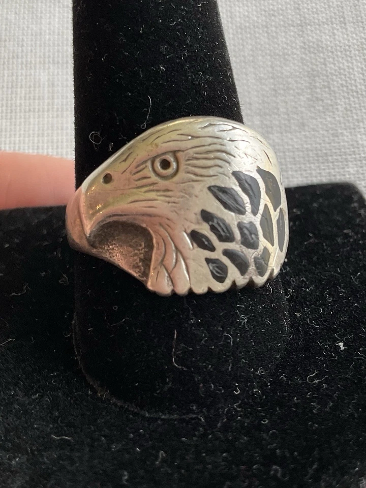 Anel Wheeler prata esterlina jato preto hematita incrustada cabeça de águia 11 vintage  - Imagem 1 de 4