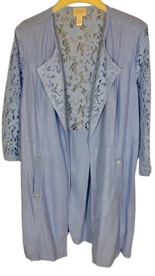 Chicos Periwinkle Linen Jacket Top Size 3 Blue Crochet Mid Length Open Front - Image 1 of 4