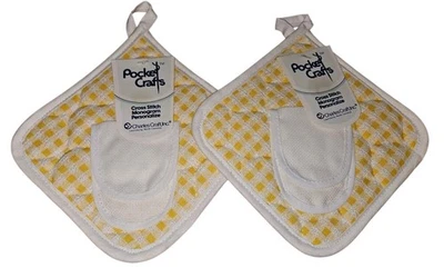 2 NWT Charles Craft Cross Stitch Kitchen Mates Potholders Yellow w pocket - Image 1 of 2