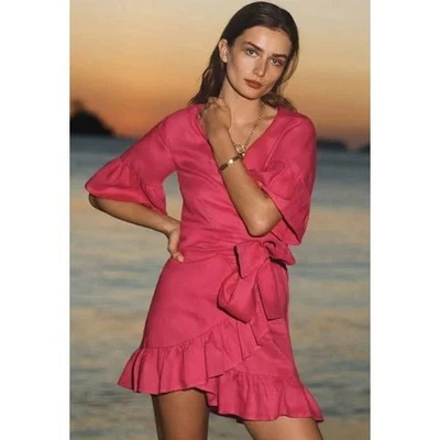 Mini Vestido Anthropologie Lino Rosa Lino Envolvente Manga Acampanada Volantes Playa M Foto 1 de 4